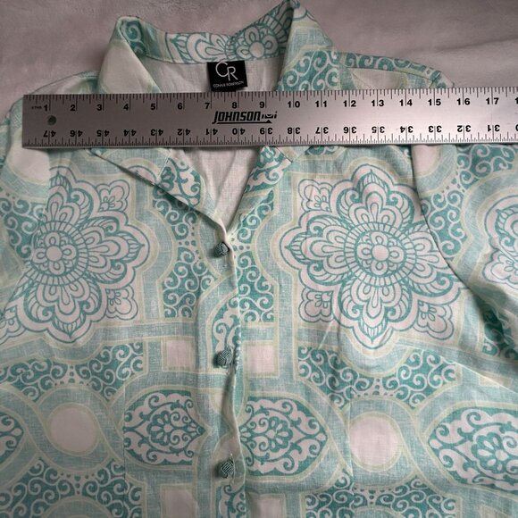 Connie Roberson Turquoise & White Floral Linen Button-Down Tunic Top Small - Picture 7 of 11